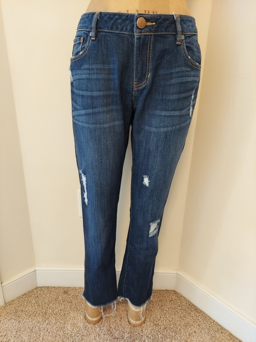 CAbi Dark Blue Distressed Straight-Leg Jeans